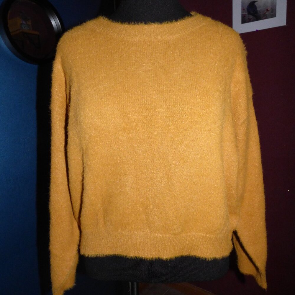GOTH BOHO PRAIRIE OCRE FUZZY LONG SLEEVE PULLOVER SWEATER TOP L